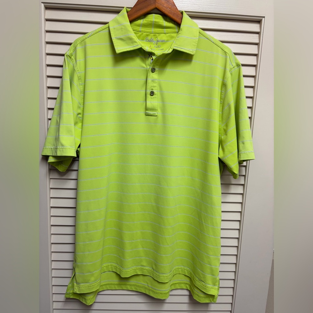 Bobby Jones H2O Mens Large Green Stripe Stretch Golf Polo Embroidered Logo